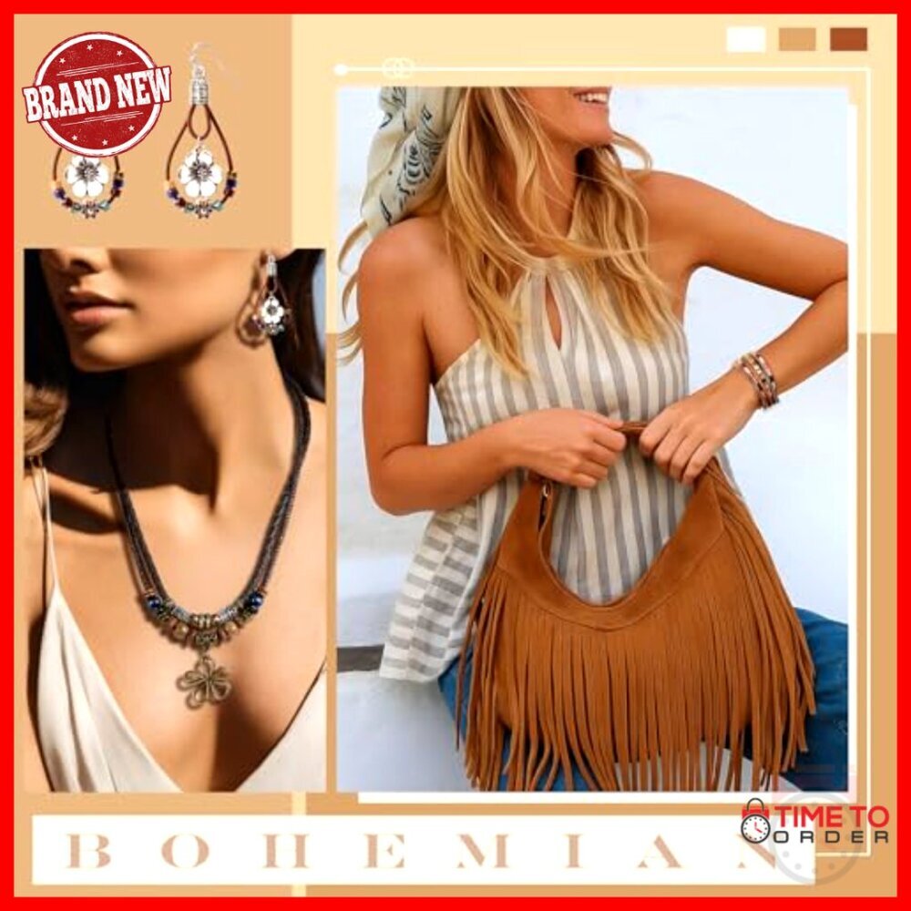 Boho Jewelry Set with Fringe Purse Leather Bracelets Layered Necklace Dangle - Picture 5 of 7